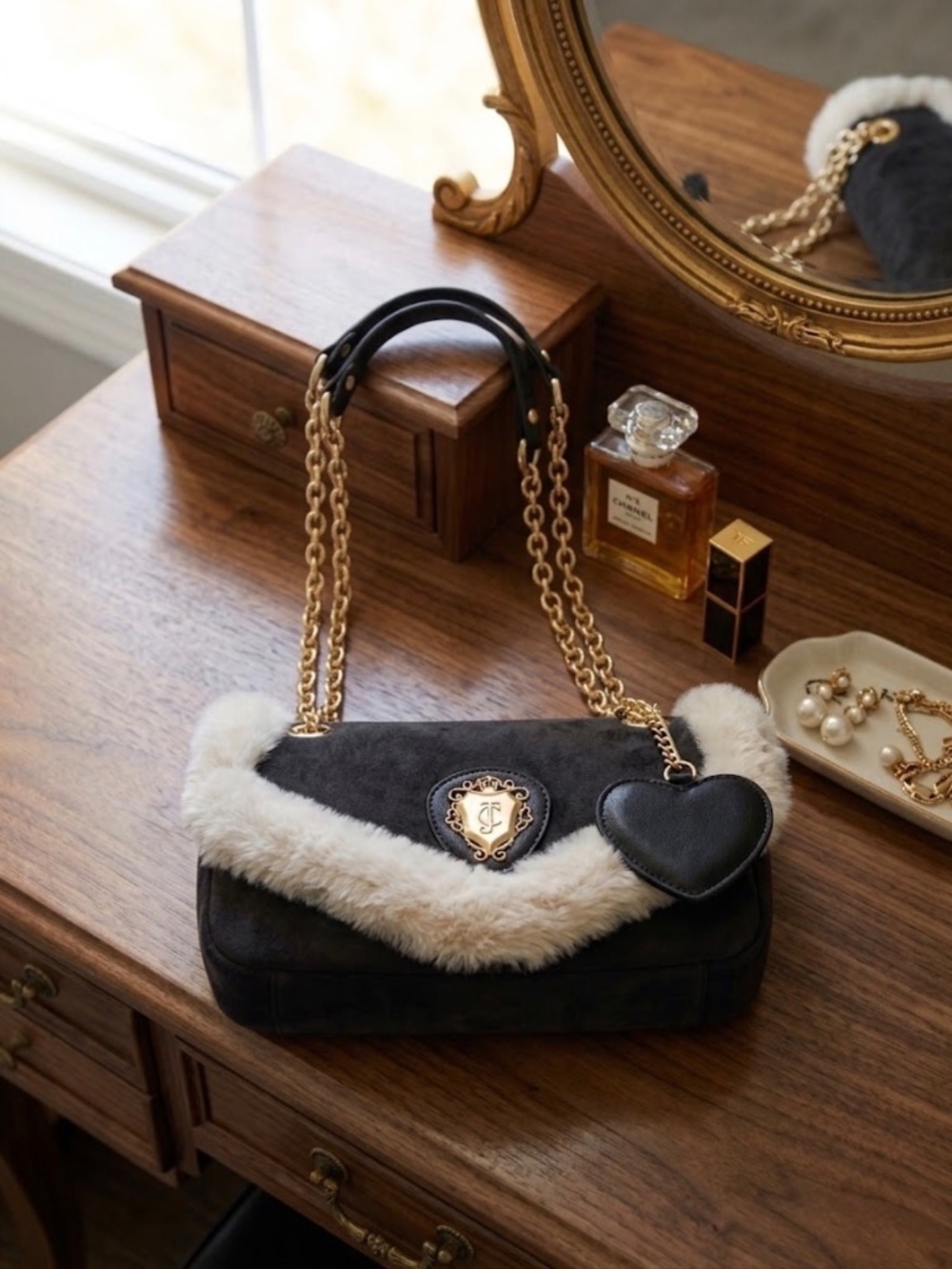 NWT Juicy Couture Black Suede & Faux Fur Chain Shoulder Bag